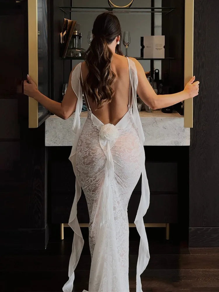Lace Backless 3D Rosette Ruffle Streamer Midi Dress