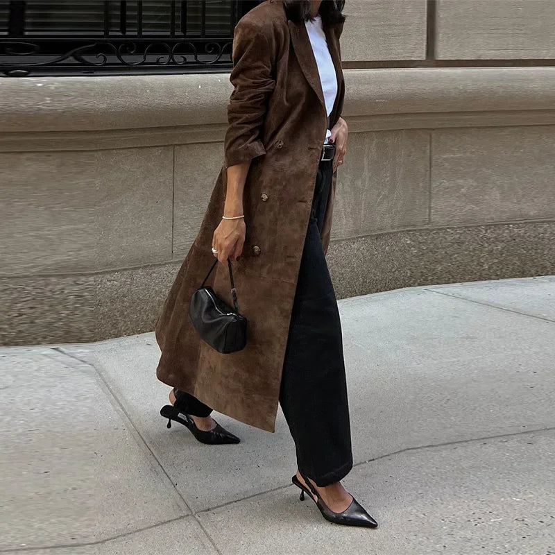 Casual Solid Long Women Streetwear Long Sleeve Turn-down Collar Double Breasted Female Coat 2025 Autumn Fashion Lady Jacket New