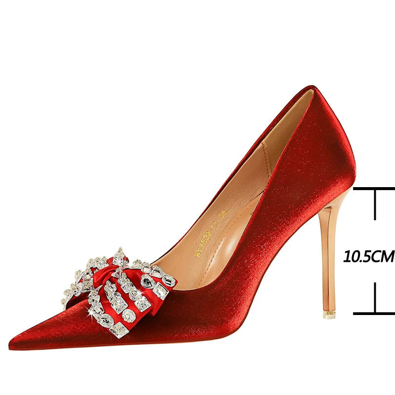 Rhinestone Satin Pointed High-Heel Pumps for Women