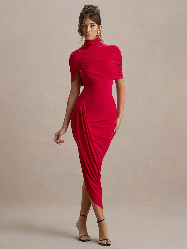High Neck Diamond Open Back Ruched Cape Sleeve Asymmetric Hem Midi Dress