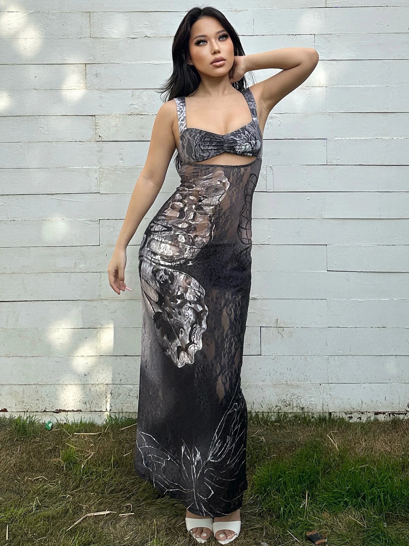 Butterfly Floral Lace Overlay Sweetheart Bustier Cutout Bodycon Maxi Dress