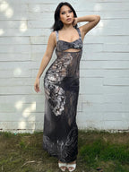 Sweetheart Neck Bust Cutout Butterfly Graphic Print Bodycon Maxi Dress
