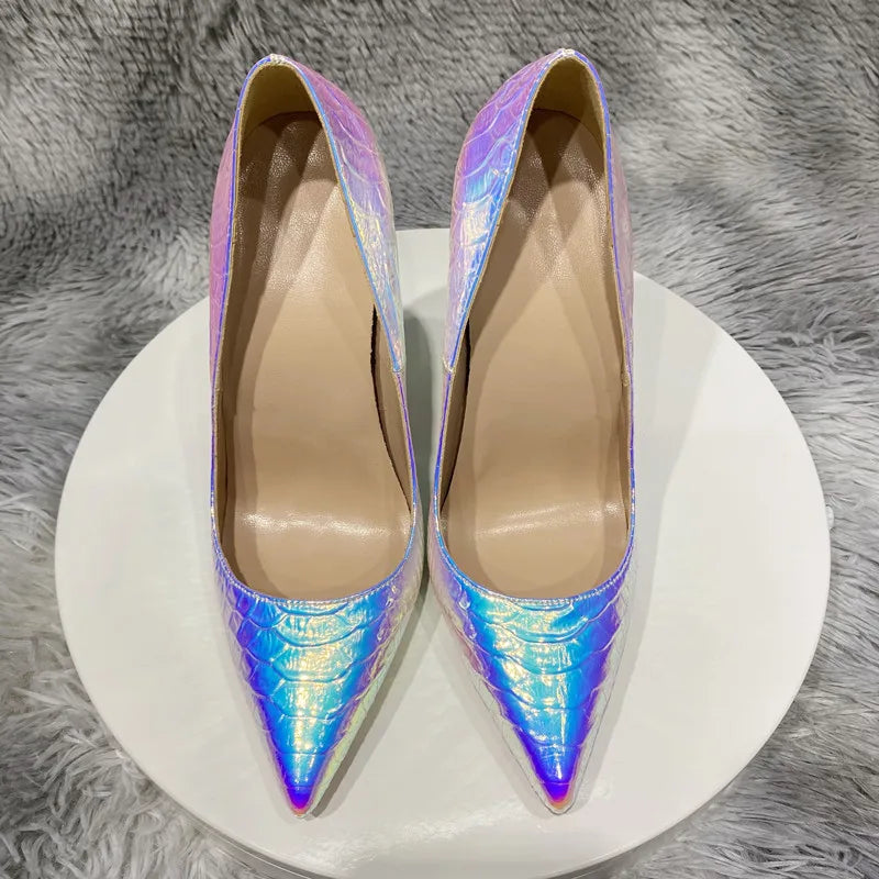 Silver Crocodile Effect Women Sexy Pointy Toe High Heel Party Dress Shoes