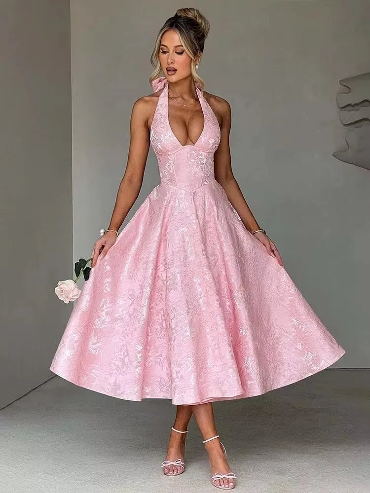 Jacquard Strapless Bow Back Fit and Flare Mini Dress