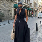 Sleeveless Spliced Zipper V-Neck Pleated Work Dress