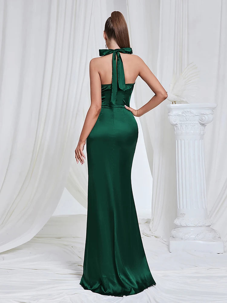 Giovanna Halter Satin Gown Dress with High Slit