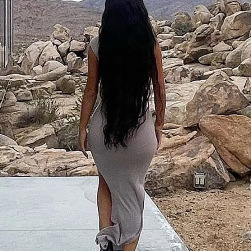 One Shoulder Ribbed Knit Draped High Slit Bodycon Maxi Dress