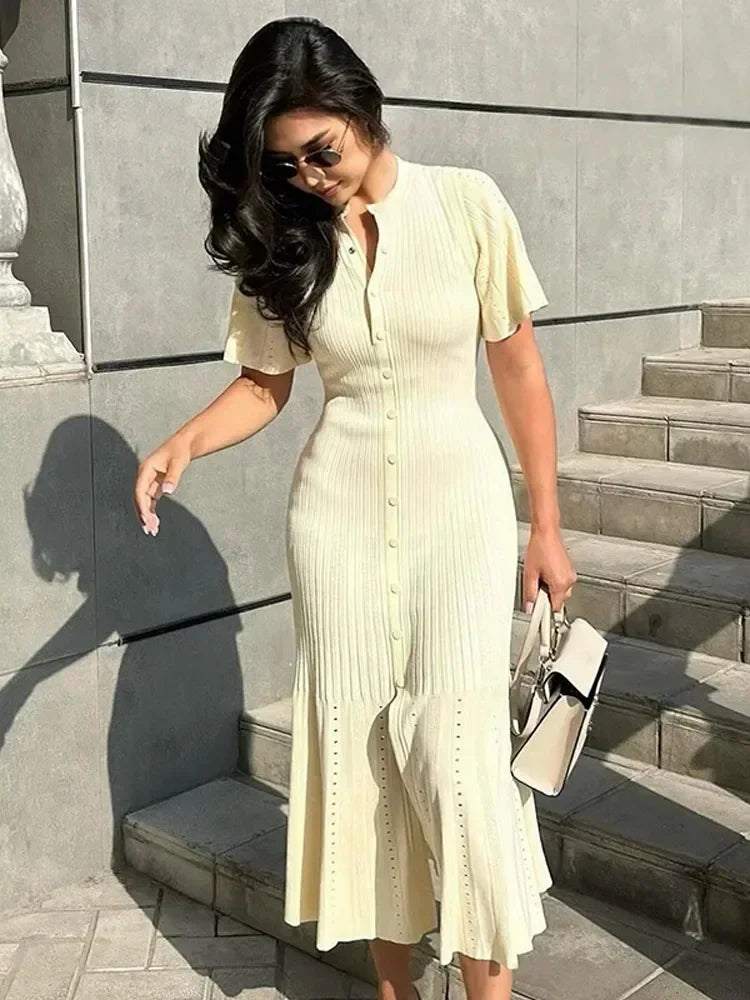 Fashion Elegant Hollow Out Knitted Dress Women Solid Short Sleeved Breasted Slim Dresses 2024 Elegant Female Commuting Robes