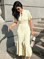 Fashion Elegant Hollow Out Knitted Dress Women Solid Short Sleeved Breasted Slim Dresses 2024 Elegant Female Commuting Robes