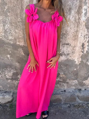 Bow Shoulder Strap Scoop Neck Loose Fit Pocket Maxi Dress