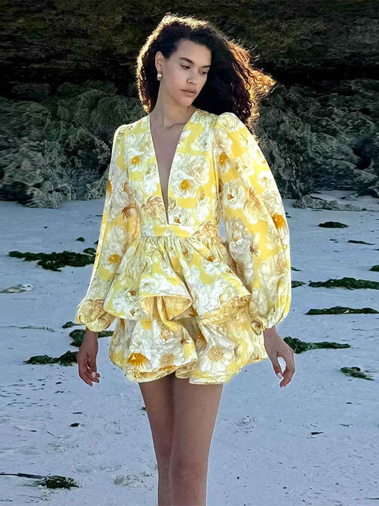 Floral Print Deep V-Neck Puff Sleeve Tiered Ruffle Mini Dress