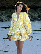 Floral Print Deep V-Neck Puff Sleeve Tiered Ruffle Mini Dress
