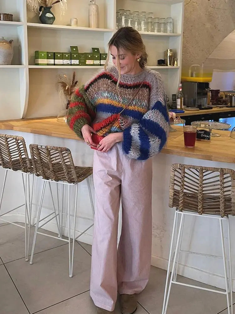 Casual Knitted Colorful Stripes Sweater Women Fashion O Neck Puff Long Sleeves Short Pullover Autumn Lady High Street Jumper