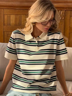Fashion Stripe Women's T-shirt Casual Short Sleeve Female All Match Polo Shirts Summer New Ladies Loose Tops High Street