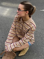 Spring Summer New Women's Retro Striped Polo Collar Oversized Long Sleeve T - Shirt Trendy Casual Loose Basic Top