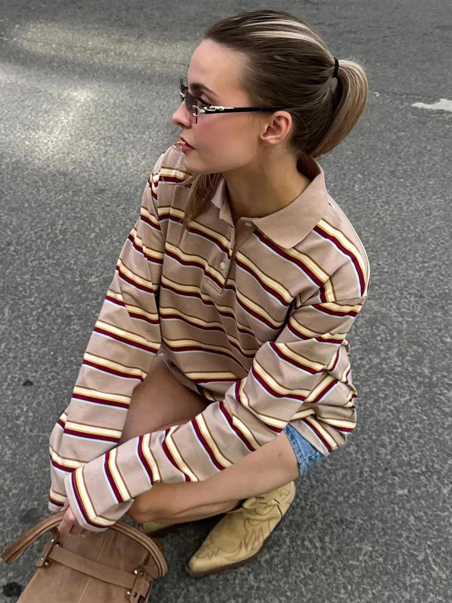 Spring Summer New Women's Retro Striped Polo Collar Oversized Long Sleeve T - Shirt Trendy Casual Loose Basic Top