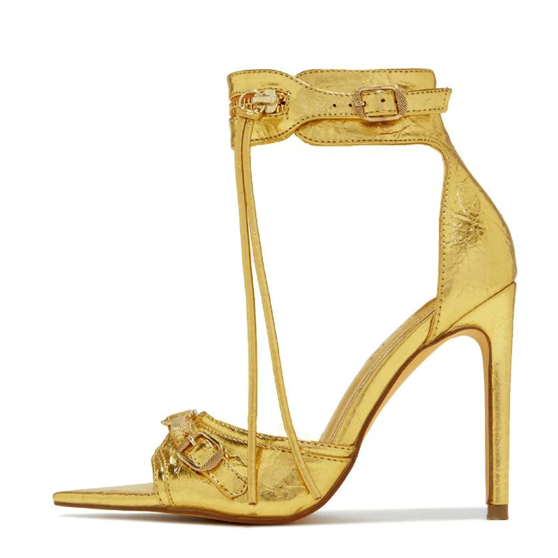 Summer Fashion Zip Tassel Women Sandals with Metal Rivet Buckle, Pointed Open Toe Stripper Heels