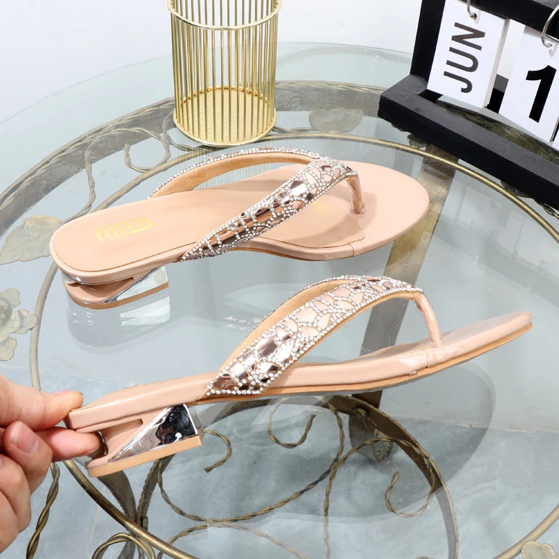 Clip Toe Low Heel Rhinestone Women's Slippers for Summer Wear