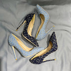 Blue Plaid Pointy Toe High Heel Shoes for Women