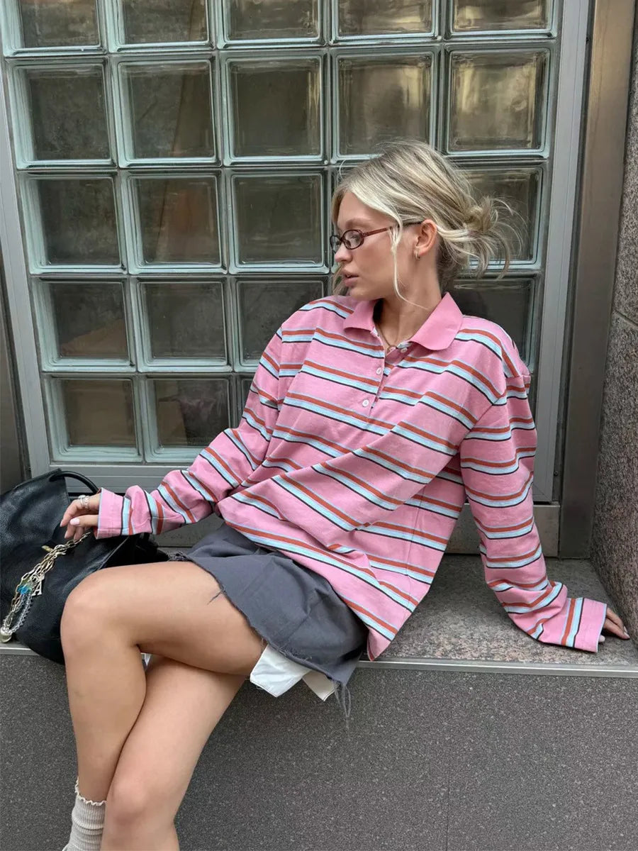 Spring Summer New Women's Retro Striped Polo Collar Oversized Long Sleeve T - Shirt Trendy Casual Loose Basic Top
