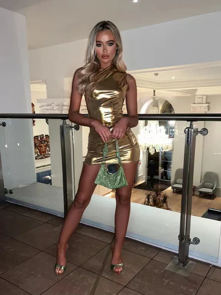 One Shoulder Metallic Foil Bodycon Mini Dress