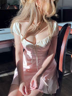 Satin French Bubble Tank Short Dress Women Lacing Retro Sexy Sweet Strap Slim A-Line Mini Dress Summer Clothes For Female