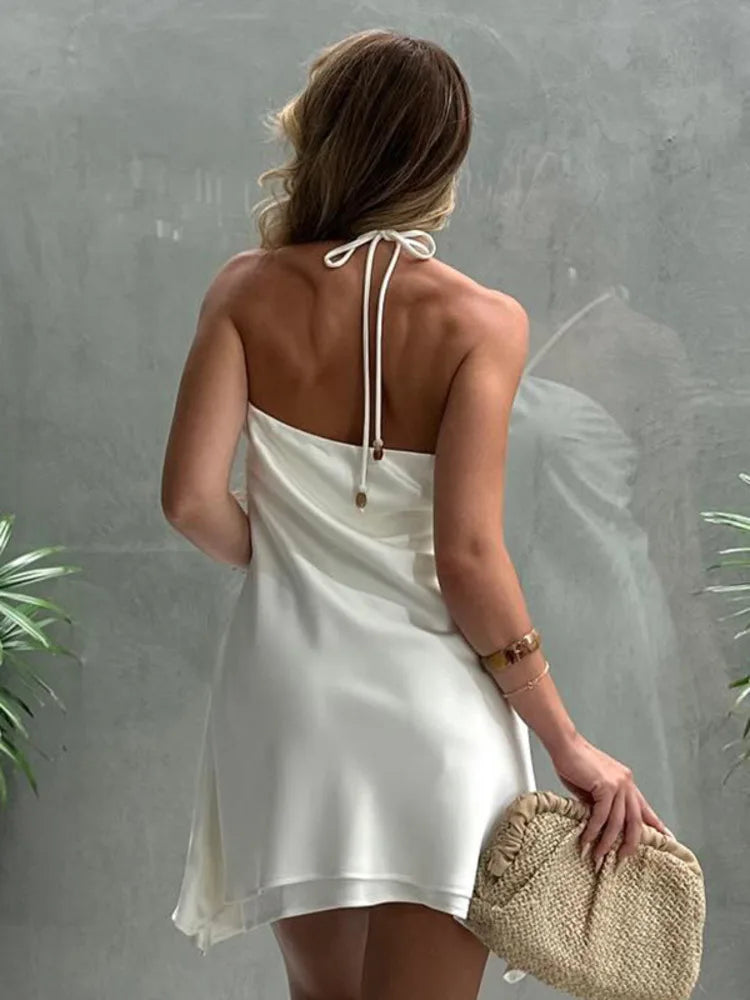 Satin Halter Neck Keyhole Beaded Accent Layered Hem A-Line Mini Dress