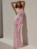 Floral Lace Halter Tie Neck Sweetheart Ruched Cascade Ruffle Front Slit Maxi Dress