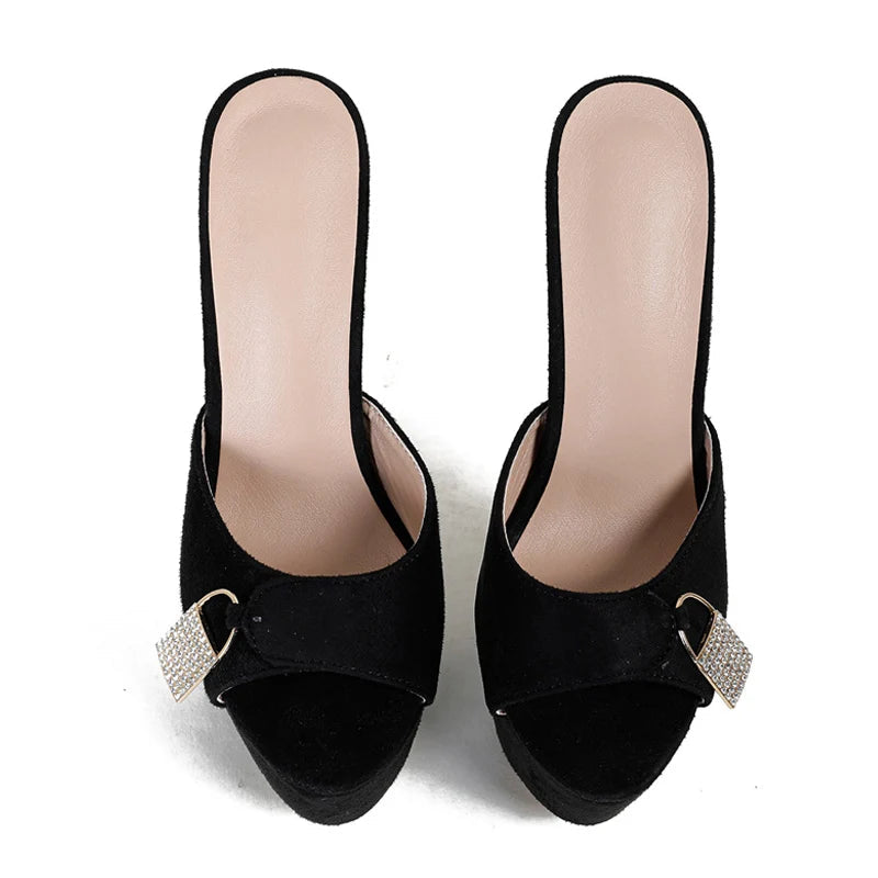 Metal Buckle Platform Slippers with Super Thin High Heels for Women