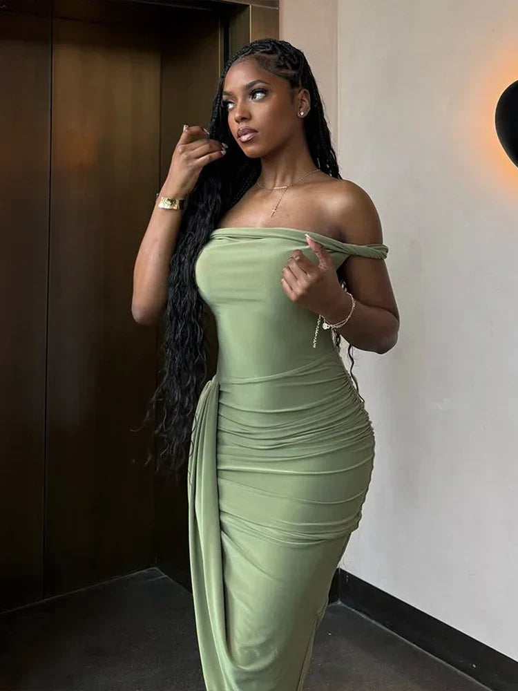 Off Shoulder Ruched Bodycon High Split Midi Dress