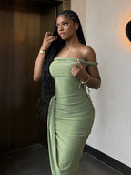 Off Shoulder Ruched Bodycon High Split Midi Dress