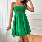 Smocked Square Neck Spaghetti Strap Tiered Ruffle Hem Mini Dress