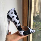Cow Print Women White Hairy Flock Pointy Toe High Heel Shoes - Cow Print High Heel Shoes