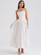 Ditsy Floral Print Square Neck Corset Seam Spaghetti Strap A-Line Maxi Dress