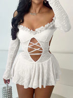 Jacquard Off Shoulder Lace Up Cutout Ruffle Mini Dress