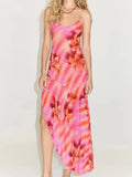 Lily Floral Print Abstract Wave Stripe Spaghetti Strap High Split Maxi Dress