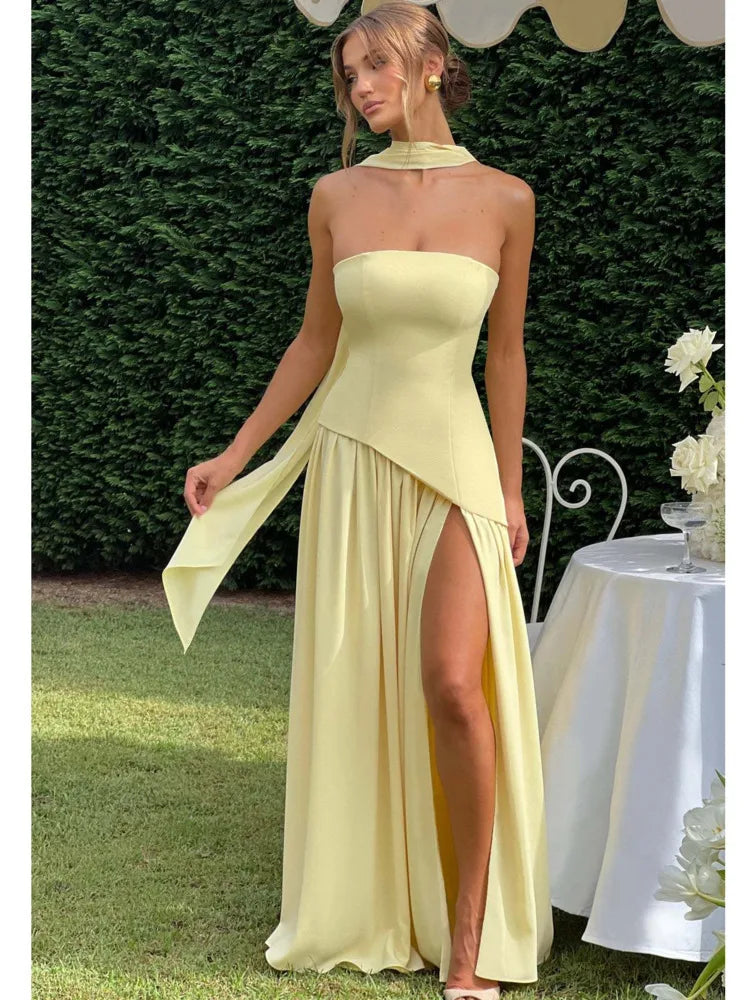 Strapless Asymmetric Hem Pleated Skirt Scarf Neck High Slit Maxi Gown