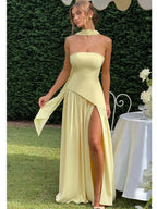 Strapless Asymmetric Hem Pleated Skirt Scarf Neck High Slit Maxi Gown