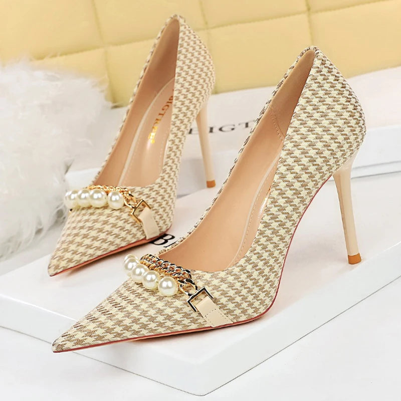 Spring Pearl Metal Chain High-heels Checked Grain Stilettos Women
