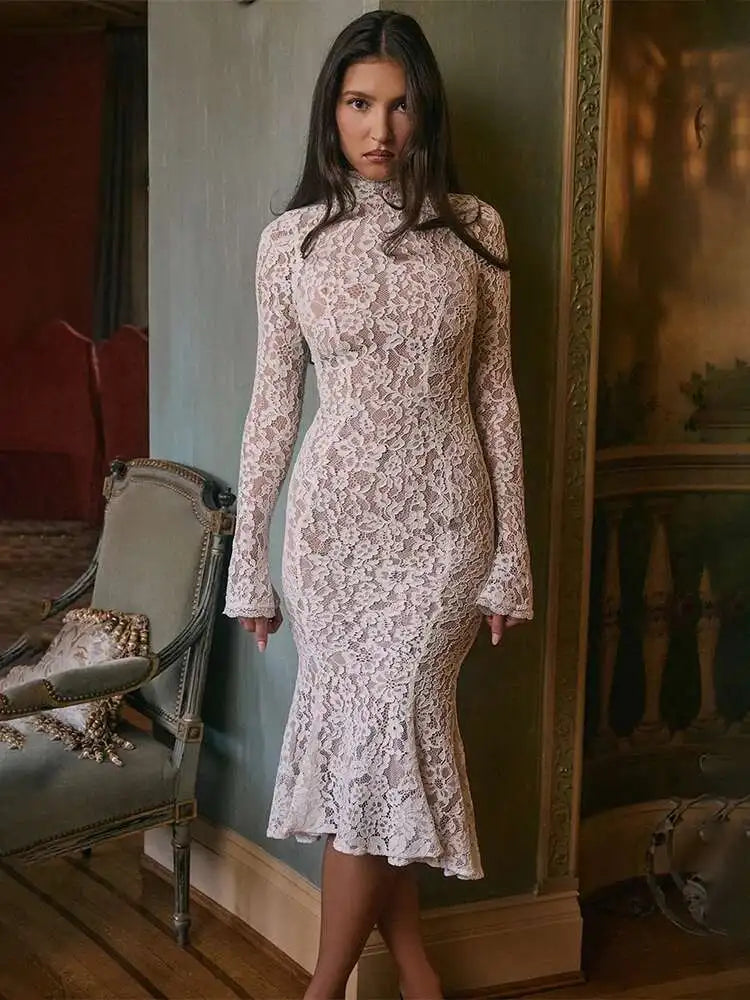 Floral Lace Mock Neck Bell Sleeve Mermaid Midi Dress