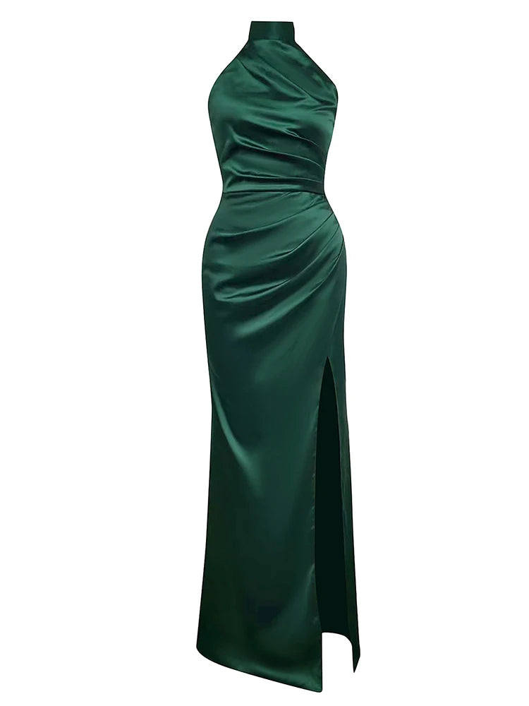 Giovanna Halter Satin Gown Dress with High Slit