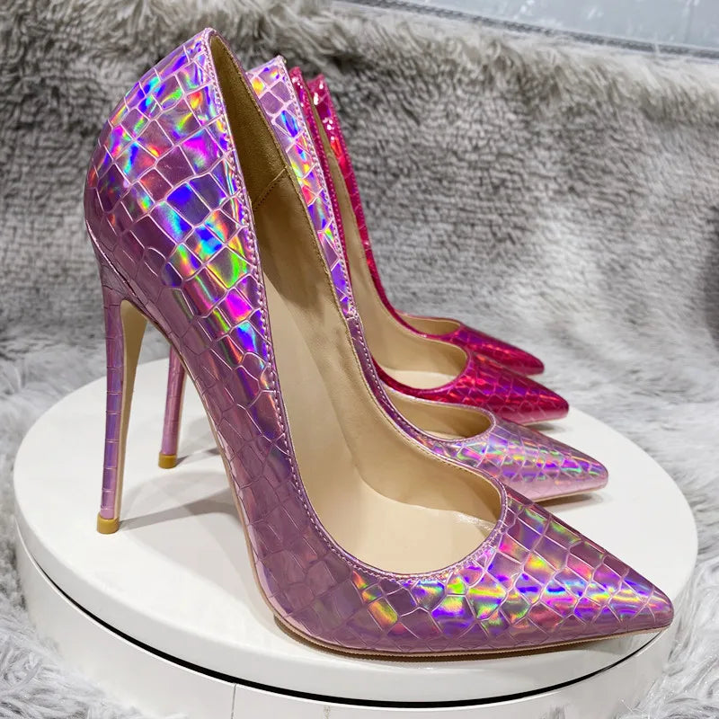 Pink Laser Shiny Crocodile Effect High Heel Shoes for Women