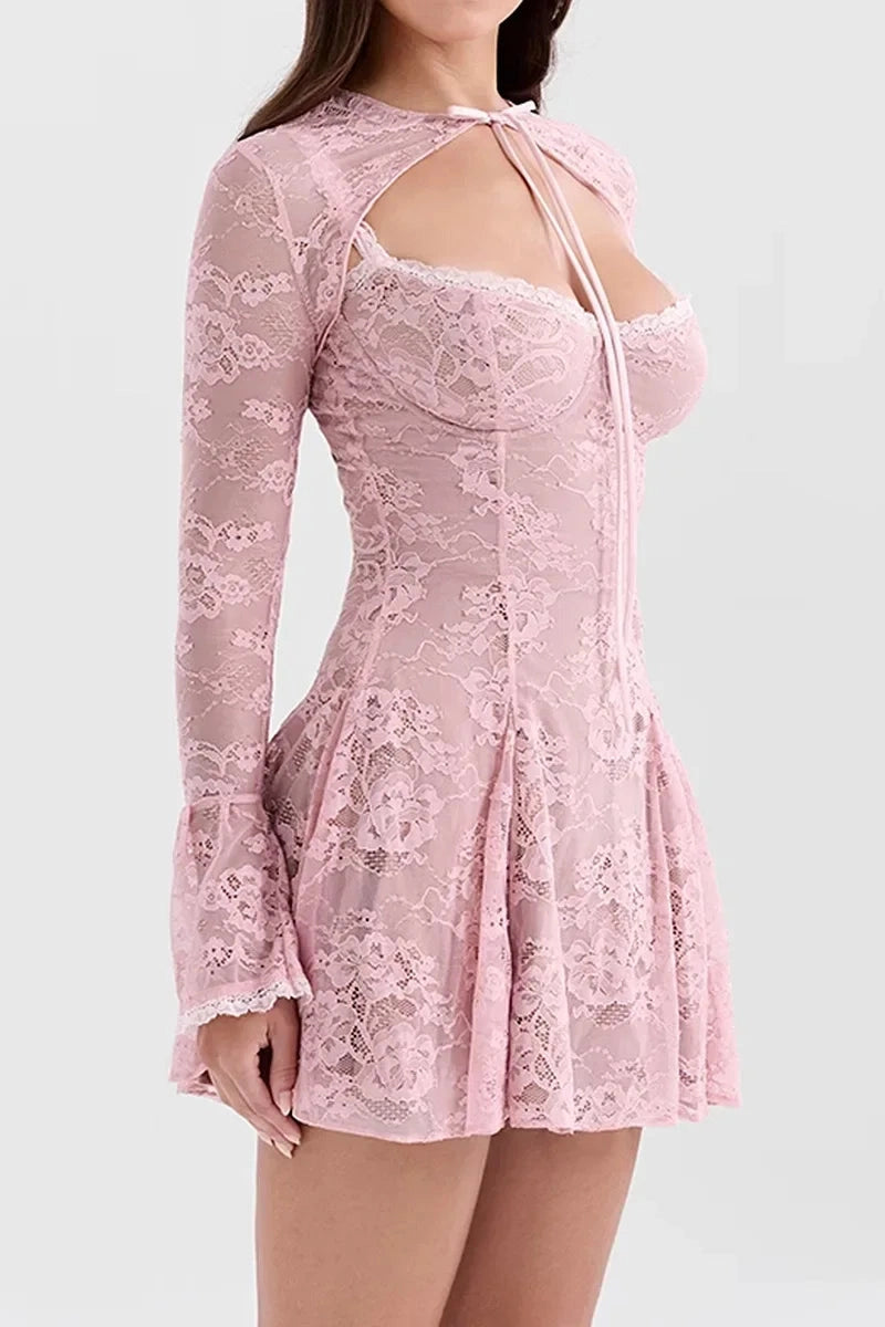 A-Line Mini Dress with O-Neck, High Waist, Long Sleeves, and Lace-Up Detail