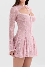 A-Line Mini Dress with O-Neck, High Waist, Long Sleeves, and Lace-Up Detail