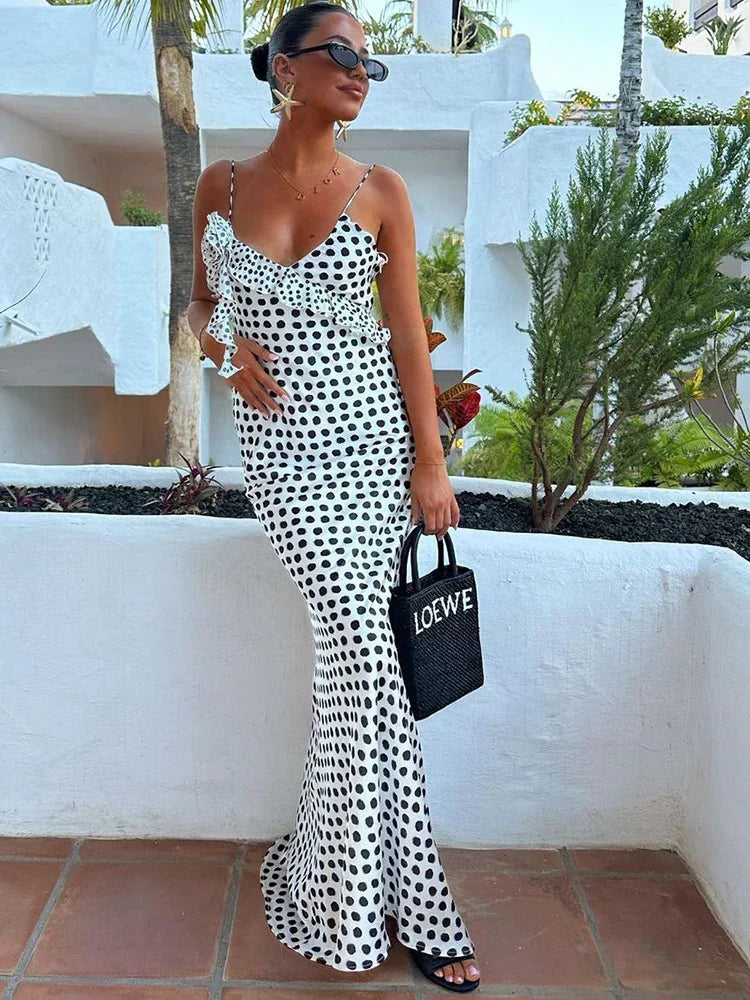 Polka Dot Floral Rosette Ruffle Trim Spaghetti Strap Slip Maxi Dress