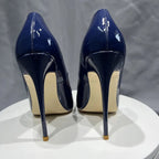 Navy Blue Patent Low Cut Pointy Toe Stiletto Pumps for Women
