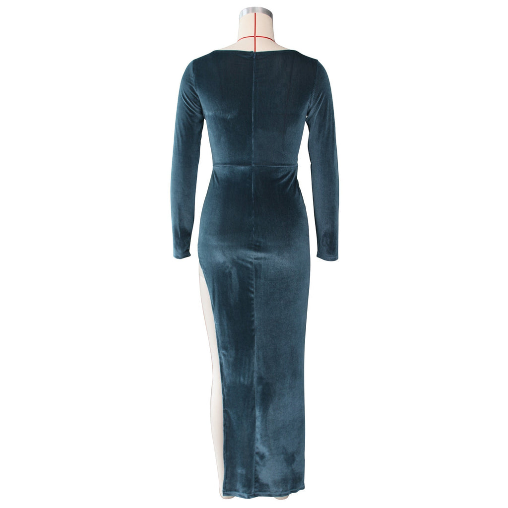 Square Neck Ruched Waist High Slit Long Sleeve Maxi Dress