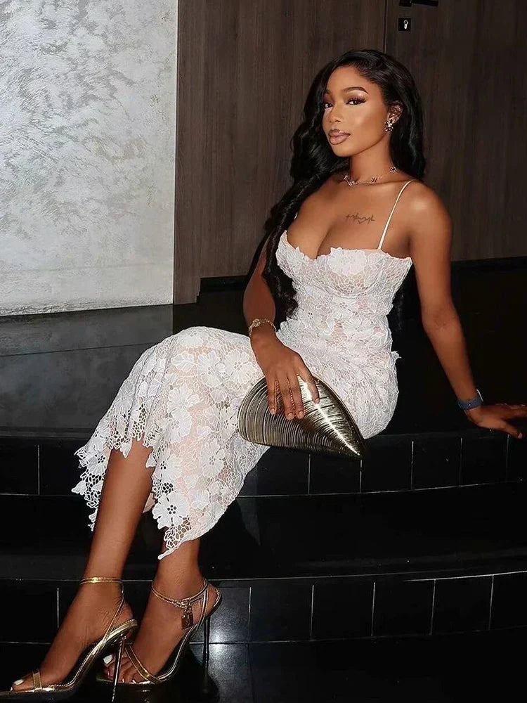 Floral Lace Corset Lace Up Back Spaghetti Strap Midi Dress