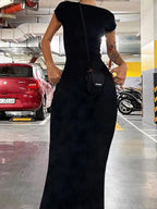 Cap Sleeve Deep Open Back Bodycon Maxi Dress