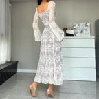 Square Neck Tie Detail Lace Bell Sleeve Paneled Midi Dress